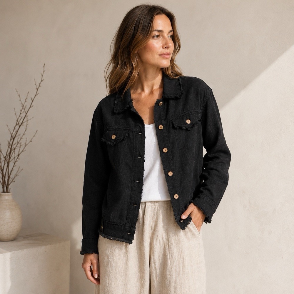 NWT Crown Linen Designs 100% Linen Jacket L Black Raw Edge Cropped Shacket Boho